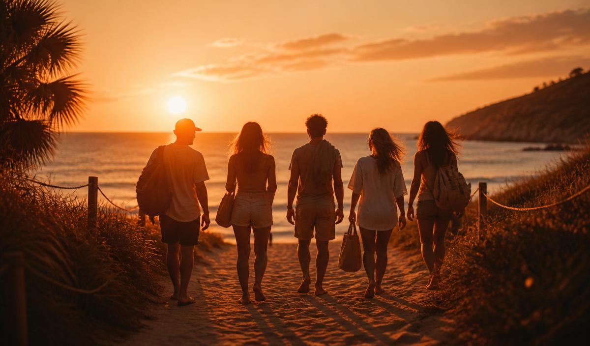 Friends walking toward the ocean at sunset