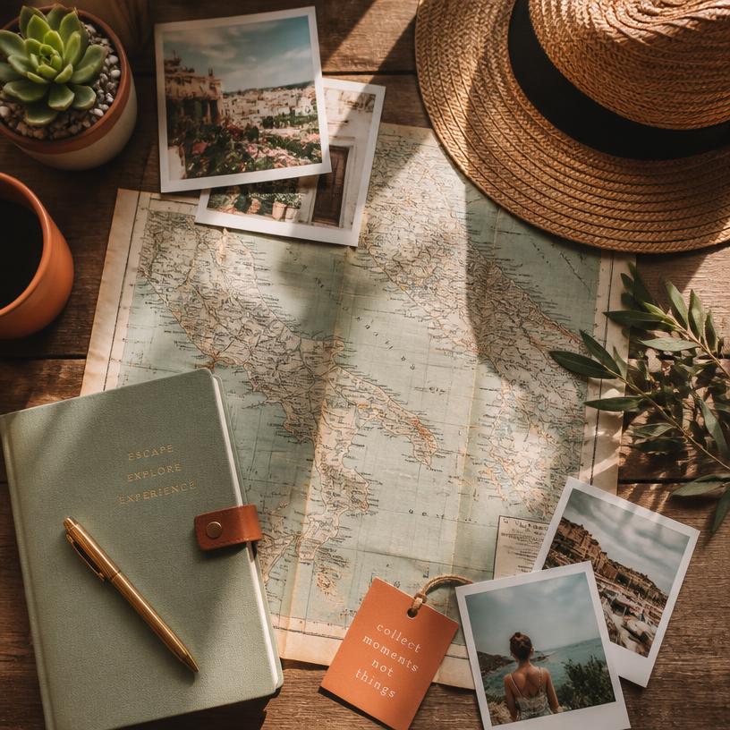 Travel planning flat lay with map, photos, and notebook